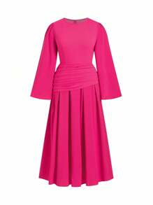 Ellevyn Plus Size Women Elegant,Formal,Wedding Ninang Dress, Pleated Flare Sleeve Maxi,Blush Pink,Autumn,Mother Of The Bride,Vintage Classy Outfits - Hot Pink - View 7