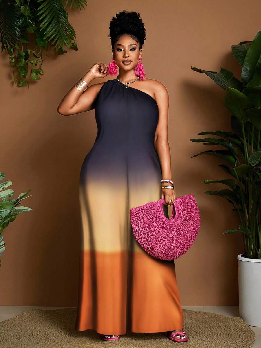 Maweii 大码女式梭织数码印花无袖宽松连体裤，休闲性感风格 - 彩色 - 查看 1