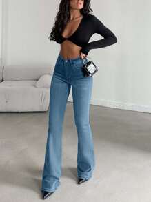 SHEIN Cottnline Casual Versatile Simple Button Front Women Denim Jeans, Daily Wear - Teal Blue - View 3