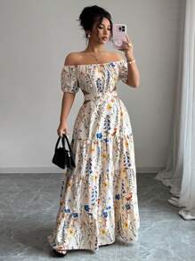 Elenzga Đầm trễ vai chéo lưng cỡ lớn cho nữ, thanh lịch - Màu be - Xem 6