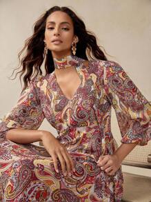 Florisole Vestido de mujer con estampado de paisley vintage bohemio, cuello en V, cintura con lazo y mangas farol, para primavera/otoño - Multicolor - Ver 1