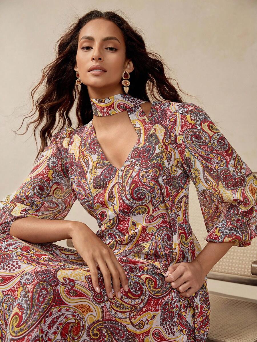 Florisole Vestido de mujer con estampado de paisley vintage bohemio, cuello en V, cintura con lazo y mangas farol, para primavera/otoño - Multicolor - Ver 1