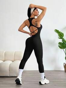 Easithlete Mono de yoga sin mangas con espalda cruzada sexy para mujeres