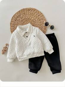 2 件套男童/女童休闲学院风可爱卡通印花衬衫领运动衫和松紧腰黑色裤子套装，适合秋冬季幼儿园