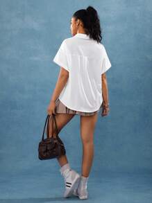 Hanevo 白色抽绳口袋前扣休闲短袖夏季衬衫 - 白色 - 查看 2