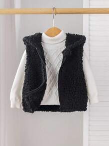 SHEIN Babygirl 可爱百搭黑色蓬松连帽背心外套，秋冬休闲装 - 黑色 - 查看 6