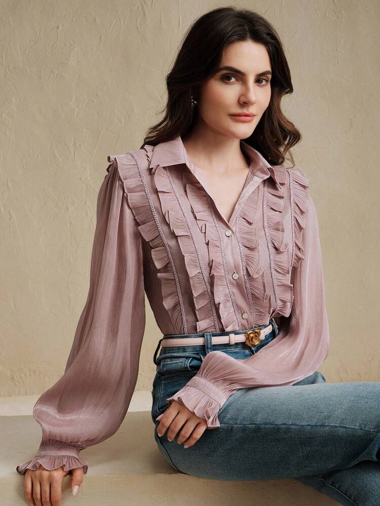 Elegant Romantic Palace Style Retro Fashionable High-End Shiny Fabric Lantern Sleeve Patchwork Ruffle Strap Purple Blouse, Suitable For Summer And Autumn