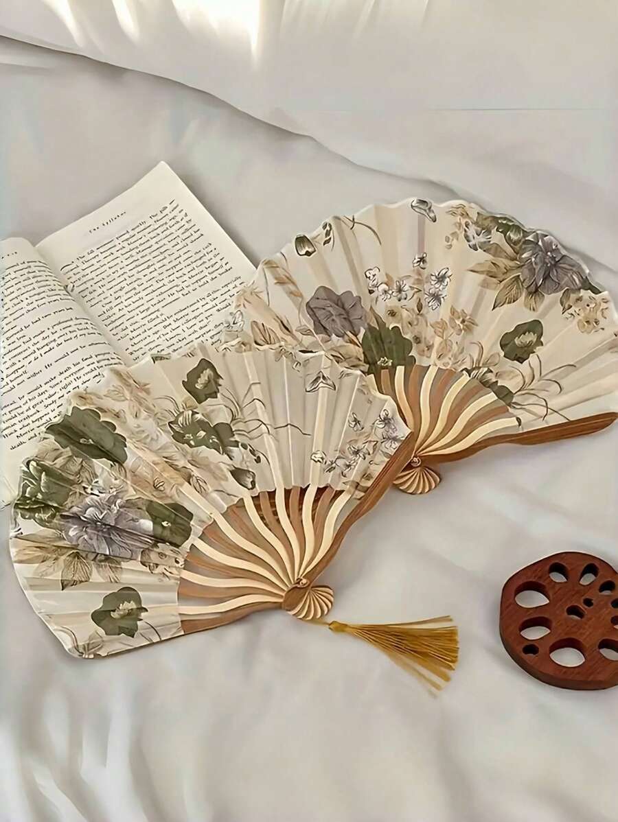 精美复古水墨画折扇，流苏装饰，手工中国风工艺扇，便携设计，男女通用，适合日常使用，母亲节礼物，春夏派对最佳选择，图案位置随意，夏季清凉，海滩旅行 - 彩色 - 查看 1