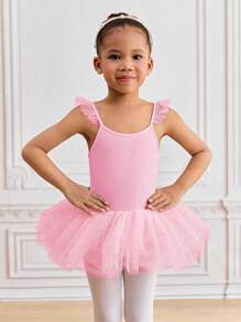 SHEIN 女童粉色无袖紧身芭蕾舞裙，蕾丝短袖芭蕾舞服 - 粉色 - 查看 4