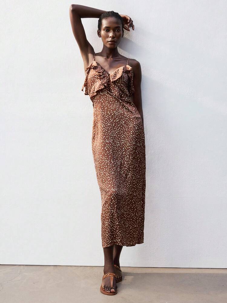 SHEIN Maija 봄과 여름 새로운 갈색 직조 새틴 폴카 도트 프릴 플로럴 어반 휴가용 모던 우아한 로맨틱 여성용 롱 드레스 외출, 휴가, 파티, 음악 축제에 적합