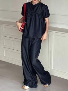 Dazy Kids 少女圆领泡泡袖褶饰上衣和宽腿宽松牛仔套装 - 深色水洗藍 - 查看 1