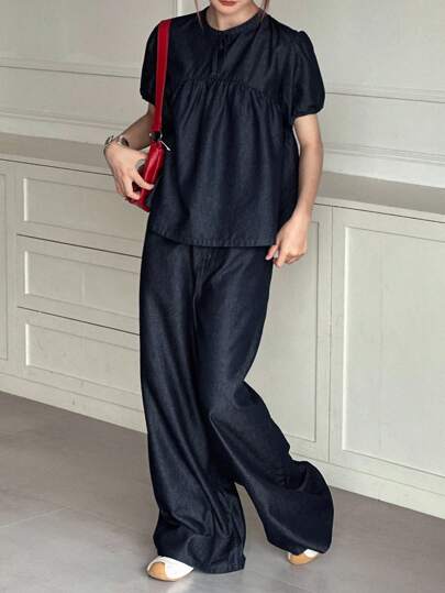 Dazy Kids Conjunto de top con cuello redondo y manga abullonada fruncida, y pantalón vaquero ancho y suelto para niña adolescente