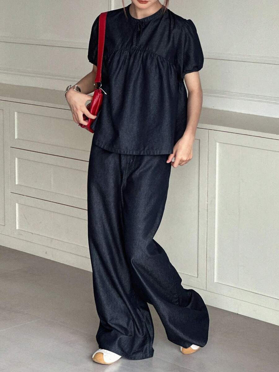 Dazy Kids 少女圆领泡泡袖褶饰上衣和宽腿宽松牛仔套装 - 深色水洗藍 - 查看 1