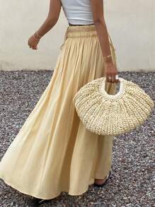 Livesso Women's Summer Elastic Waist Drawstring Decor Skirt Vacation - Yellow - View 2