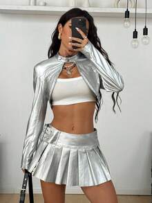 Coolane Lễ hội mùa thu dành cho phụ nữ, đi chơi, hội chợ thời trang phục đường phố, Y2K, áo khoác Bustier màu bạc cổ điển - Bạc - Xem 5