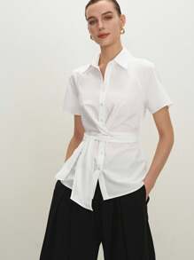 BizChic 2025 年夏季音乐节派对衬衫，适合婚礼宾客、早午餐、都市时尚通勤、日常百搭优雅休闲工作约会毕业衬衫，领带领白色衬衫，女士