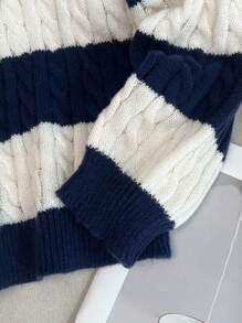 SHEIN Tween Girls' Stripe Contrast Color Twist Rope V-Neck Lantern Sleeve Loose Fit Pullover Sweater, Suitable For Autumn/Winter And Outdoor Wear Fall - Navy Blue - View 6