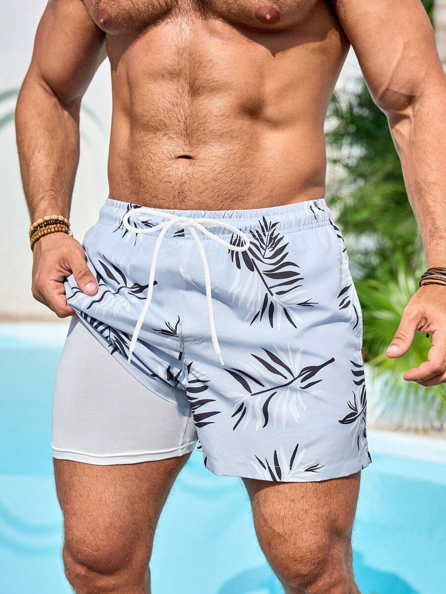 Manfinity Swimmode Men's Vacation Casual Plant Print Beach Shorts Pool Clothes Men Men Swim Trunks Light Blue Swim Trunks - Grey - View 1