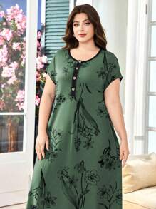 SHEIN Lacomfia Plus Size Summer Casual Floral Print Dress - Green - View 3