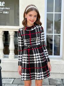 SHEIN Leap Crew Tween Girl Plaid Print Mock Neck Dress Without Belt - Multicolor - View 1