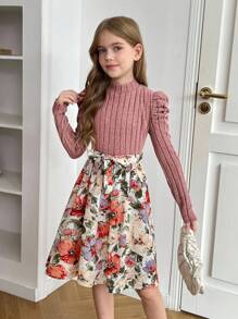 SHEIN Tween Girls Color Block Pink Floral Print Puff Sleeve Belted Dress - Pink - View 5