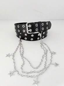 ROMWE Goth 2 件女士黑色双排五角星孔眼腰带 + 空心五角星三层链条配饰，适用于连衣裙、牛仔裤和日常穿着 - 銀色 - 查看 4