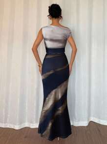 Rafferiza 2pcs/Set Women Tie-Dye Print Asymmetrical Crop Top And Split Hem Fitted Midi Skirt Set - Navy Blue - View 2