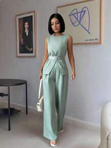 Chiquease 1件装女士夏季修身扭腰优雅连体裤套装，适合大学穿着 - 綠色 - 查看 6