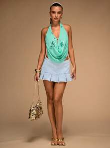 SHEIN BAE 女士时尚休闲性感系带露背背心，夏季 - 薄荷藍 - 查看 3