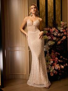 MOTF Soiréza BEADED STRAPS BONED CORSET MERMAID EVENING DRESS - Champagne - View 3