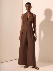 Zivah 2025 春夏新款音乐节、复活节、圣帕特里克节、西部风格、游牧风格、生日、毕业典礼、学院风、学生装、日常休闲、基本百搭、休闲、度假、邮轮旅行、海滩、日光浴、病毒式传播、街头风格、婚礼宾客波西米亚风、通勤、早午餐、机场装 - 杏色吊带交叉系带上衣和阔腿亚麻裤 2 件套 - 棕色 - 查看 7