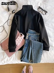 少女休闲百搭度假卫衣，黑色宽松半拉链卫衣，适合秋冬季穿着 - 黑色 - 查看 2