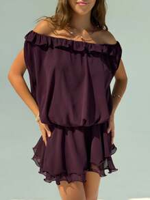 Aloruh Date Night Outfits Women Eggplant Purple Women's Vacation Cute & Sexy Daily Wear Chiffon Off Shoulder Mini Dress - Red Violet - View 8