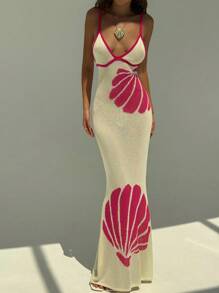 Aloruh Women's Romantic Shell Embroidered Knit Colorblock Sweater Dress, Spring/Summer, Vacation Sexy Dress - Beige - View 7