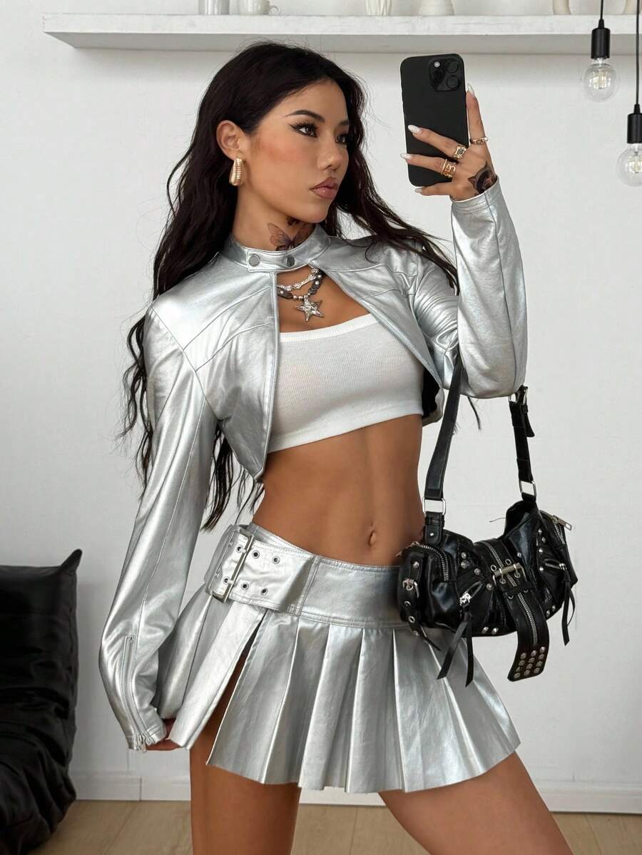 Coolane Lễ hội mùa thu dành cho phụ nữ, đi chơi, hội chợ thời trang phục đường phố, Y2K, áo khoác Bustier màu bạc cổ điển - Bạc - Xem 1