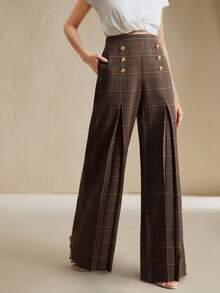 Anewsta 秋冬女装穿着舒适休闲通勤百搭时尚优雅简约经典现代返校季粗花呢格子装饰经典金属纽扣口袋开衩阔腿腰拉链女裤 - 咖啡棕 - 查看 5