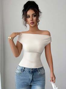 Elenzga Damen Sommer Strick elastisch anliegende asymmetrische Schulter Rüschen Metall Knopf Lässig Elegant T-Shirt - Aprikosenfarben - Übersicht 6