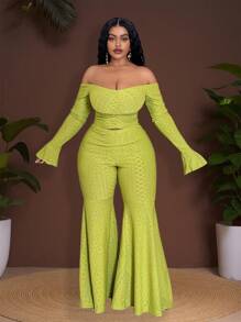 Veslaya 2pcs Plus Size Women's 2025 Spring & Summer Off Shoulder Elegant Flared Sleeve Top And Wide Leg Pants Set Women Clothes Women Plus Clothing Formal Women Summer Clothing Women Casual Dress - Green - View 6