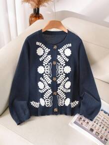 CosyJoli Plus Size Casual Embroidered Round Neck Sweater Cardigan In Fall/Winter - Navy Blue - View 6