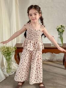 LMoss Kids LMoss 年轻女孩印花褶皱连体裤，夏季花卉秋季连体裤 - 彩色 - 查看 6