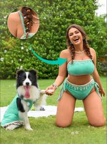 Swim Mod 2 piezas Conjunto de bikini bandeau de talla grande para mujer con correa desmontable, decoración con tela de caparazón y estrella de mar, diseño a juego con Bottom triangular con cordón lateral, tela texturizada verde, apto para playa y vacaciones, verano