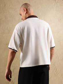 Sumwon Club 优质拉链领 Polo 衫罗纹饰边短袖休闲网球高尔夫复古风格常规版型夏季春季 - 杏色 - 查看 2