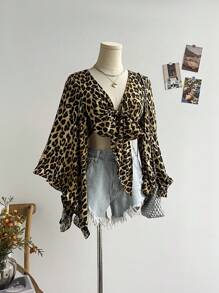 Soleia Áo sơ mi họa tiết da báo tay loe thắt nút hở phía trước cho kỳ nghỉ giản dị - Màu vàng - Xem 8