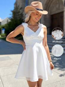 SHEIN LUNE Women's White Elegant Summer Graduation Dress,3D Floral Decor V-Neck Sleeveless Mini Dress,Classy Sweetheart Neckline Cocktail Party Wedding Guest - White - View 4