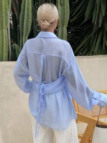 女士条纹宽松休闲衬衫，秋季新品 - 藍色 - 查看 2