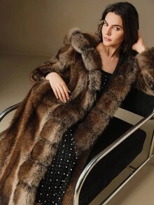 Anewsta Fashionable Women Faux Fur Hooded Long Coat - Brown - View 6