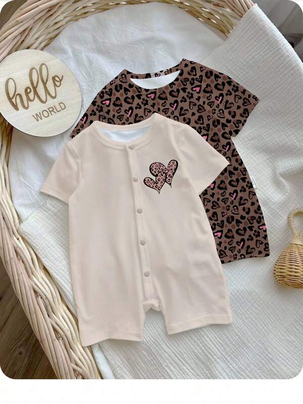 SHEIN Newborn Unisex Infant Printed Rompers, Suitable For Summer