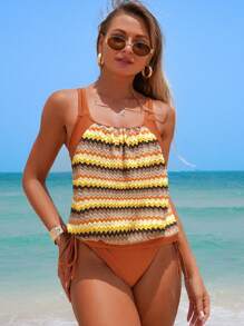SHEIN Swim Bộ 2 chiếc/Bộ đồ bơi tankini họa tiết ziczac đi biển mùa hè cho nữ, giúp thon gọn và che bụng - Nhiều màu - Xem 3