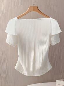 SHEIN Plus Size Women's Elegant Ruffle Button Front Fitted Short Sleeve T-Shirt