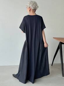 FRIFUL 女士夏季休闲拼接长款连衣裙 - 藏蓝色 - 查看 5